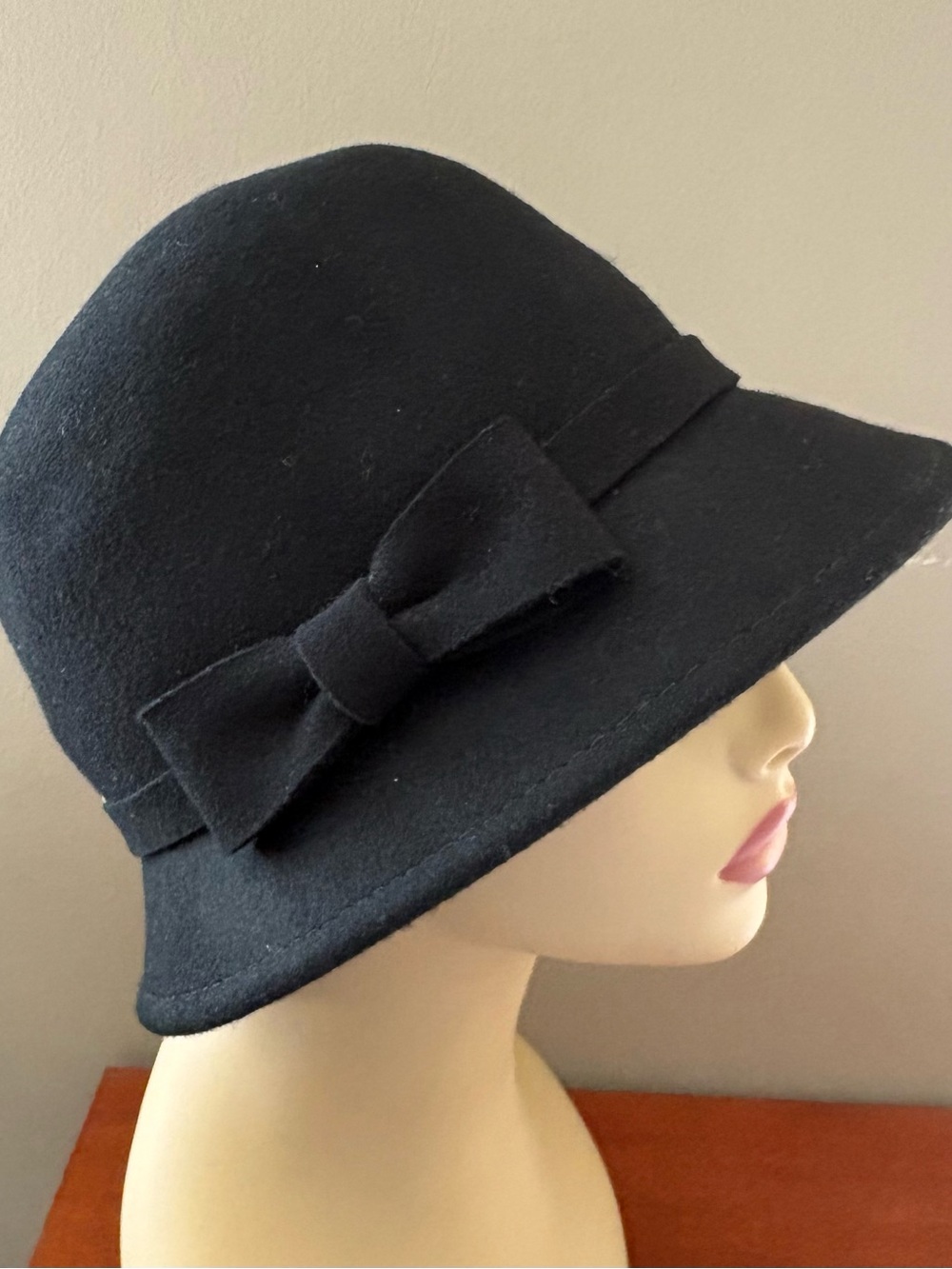 Classic 1920’s Black Wool Bell Shaped Cloche Hat with Bow and Side Accent Band